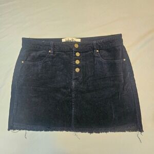Indigo Rein Size 11 Navy Blue Corduroy Skirt Raw Hem Button Fly L630